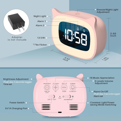Kids Alarm Clock with Night Light and 18 Ringtones, Rechargeable, Cute Cat Ear Clock, Perfect for Boys and Girls Birthday Gift, Digital Clock for