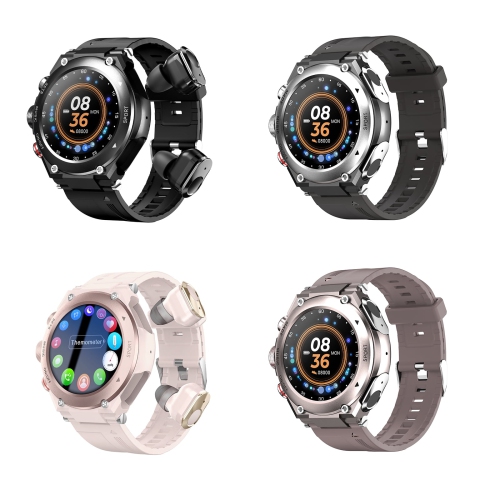 Smart Watch Bluetooth Earphones 2 in 1 Smart Watch Built-in Wireless Earbuds Speaker Round Fitness Tracker Music Body Temperature