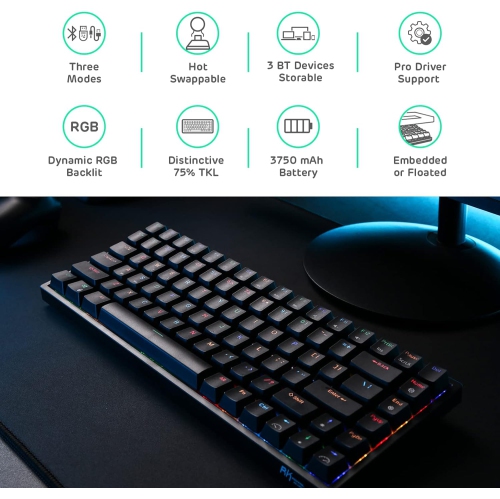 Clavier de jeu mécanique sans fil Bluetooth/RVB 2,4 GHz 75 % RK84 de RK ROYAL KLUDGE, clavier à trois modes connectable avec commutateur brun tactile
