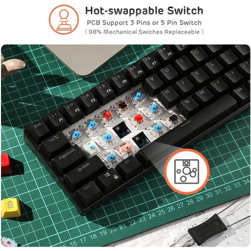 RK ROYAL KLUDGE RK61 Wireless 60% Triple Mode Mechanical Keyboard, 61 Keys Bluetooth Mechanical Keyboard, with Programmable Software Hot-Swappable