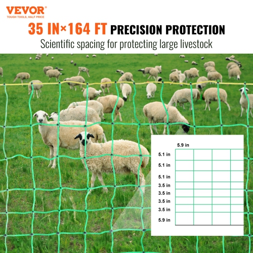 VEVOR 35" H x 164' L, Electric Fence Netting, PE Net Fencing with Posts & Double-Spiked Stakes, Utility Portable Mesh for Goats, Sheep, Used in