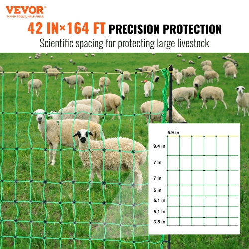 VEVOR 42" H x 164' L, Electric Fence Netting, PE Net Fencing with Posts & Double-Spiked Stakes, Utility Portable Mesh for Goats, Sheep, Used in
