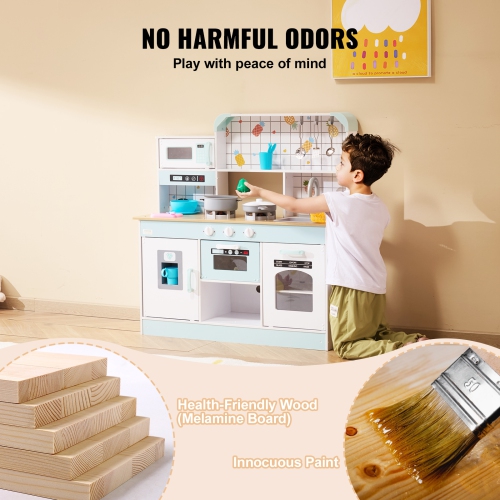 VEVOR Play Kitchen for Kids, Wooden Toy Kitchen Set with Lights and Sounds, Toddler Kitchen with Ice Maker, Oven, Sink, Microwaves, Fridge and