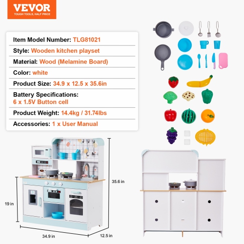 VEVOR Play Kitchen for Kids, Wooden Toy Kitchen Set with Lights and Sounds, Toddler Kitchen with Ice Maker, Oven, Sink, Microwaves, Fridge and