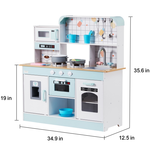 VEVOR Play Kitchen for Kids, Wooden Toy Kitchen Set with Lights and Sounds, Toddler Kitchen with Ice Maker, Oven, Sink, Microwaves, Fridge and
