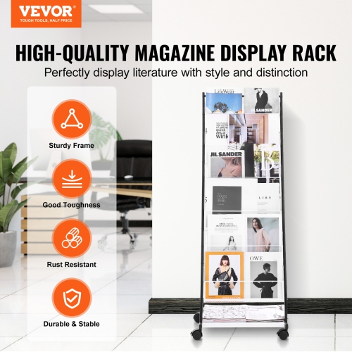 VEVOR 6-Tier Brochure Display Rack, Magazine Literature Display Stand, Floor Standing Magazine Rack Newspaper Catalog Holders, Movable with 4 Wheels