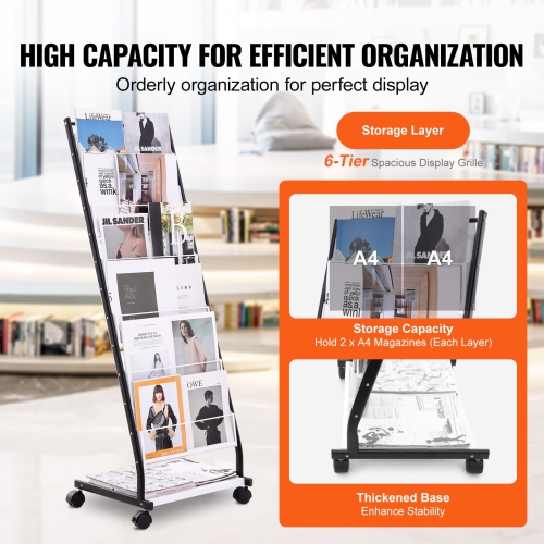 VEVOR 6-Tier Brochure Display Rack, Magazine Literature Display Stand, Floor Standing Magazine Rack Newspaper Catalog Holders, Movable with 4 Wheels