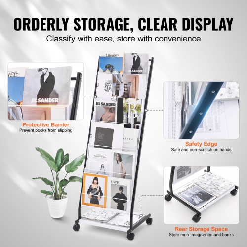 VEVOR 6-Tier Brochure Display Rack, Magazine Literature Display Stand, Floor Standing Magazine Rack Newspaper Catalog Holders, Movable with 4 Wheels