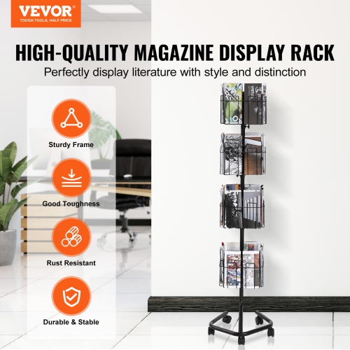 VEVOR 4-Tier 32 Pockets Brochure Display Rack, Rotating Magazine Literature Display Stand for Postcards, 360° Spinning Greeting Cards Rack with 5