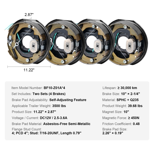 VEVOR 10" x 2-1/4" Electric Trailer Brake Assembly, 2 Pairs Self-Adjusting Electric Brakes Kit for 3500 lbs Axle, 4-Hole Mounting,for Brake System