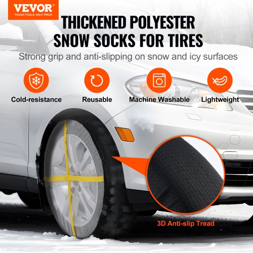 VEVOR Thickened Snow Socks for Tires, Polyester Fiber Tire Socks with Elastic Straps, Snow Traction Tire Cover for Car, SUV, Pickup and Truck-Medium