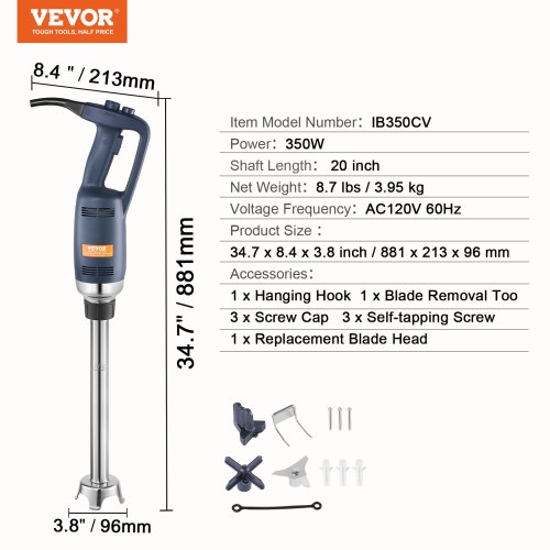 VEVOR Commercial Immersion Blender, 350W Heavy Duty Hand Mixer, 20 inch Stepless Variable Speed Mixer with Stainless Steel Blade, Multi-Purpose