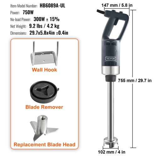 VEVOR Commercial Immersion Blender, 750W 16" Heavy Duty Hand Mixer, Variable Speed Kitchen Stick Mixer with 304 Stainless Steel Blade, Multi-Purpose