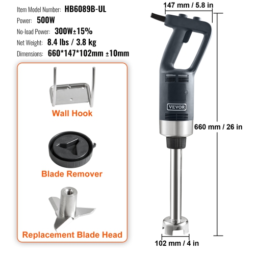 VEVOR Commercial Immersion Blender, 500 Watt Heavy Duty Hand Mixer, Variable Speed Kitchen Stick Mixer with 304 Stainless Steel Blade, Multi-Purpose