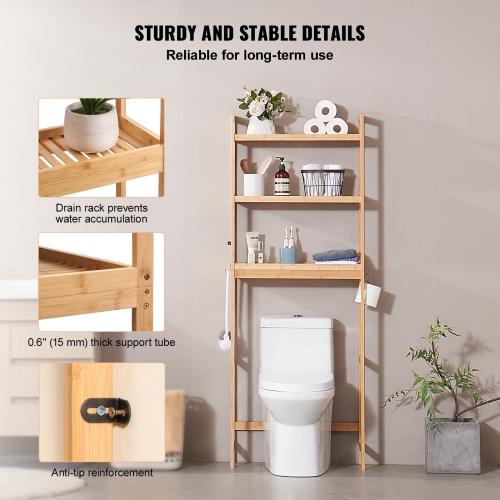 VEVOR Over the Toilet Storage, 3-Tier Adjustable Over Toilet Organizer, Bamboo Storage Shelf Rack with 3 Hooks, Freestanding Easy Assembly Laundry