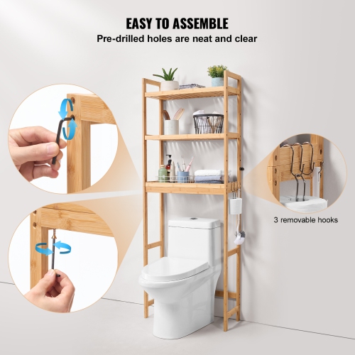VEVOR Over the Toilet Storage, 3-Tier Adjustable Over Toilet Organizer, Bamboo Storage Shelf Rack with 3 Hooks, Freestanding Easy Assembly Laundry