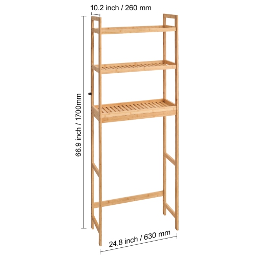 VEVOR Over the Toilet Storage, 3-Tier Adjustable Over Toilet Organizer, Bamboo Storage Shelf Rack with 3 Hooks, Freestanding Easy Assembly Laundry