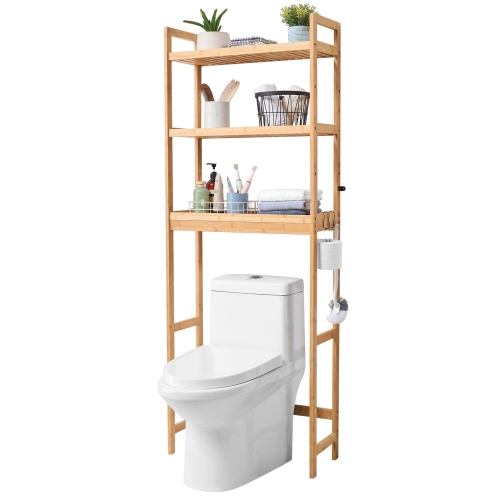 VEVOR Over the Toilet Storage, 3-Tier Adjustable Over Toilet Organizer, Bamboo Storage Shelf Rack with 3 Hooks, Freestanding Easy Assembly Laundry