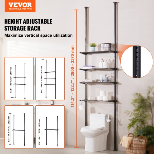 VEVOR Over the Toilet Storage, 4-Tier Adjustable Over Toilet Organizer, Low-carbon Steel 53"-132" Tall Storage Shelf Rack, Easy Assembly Laundry