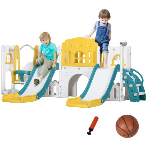 Qaba 8 in 1 Slide and Swing Set with Basketball Hoop, Climber, Toddler Slide Set Indoor Playground with Aisle, Steering Wheel, Storage Space,