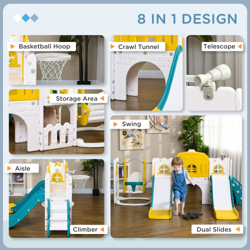 Qaba 8 in 1 Slide and Swing Set with Basketball Hoop, Climber, Toddler Slide Set Indoor Playground with Aisle, Steering Wheel, Storage Space,