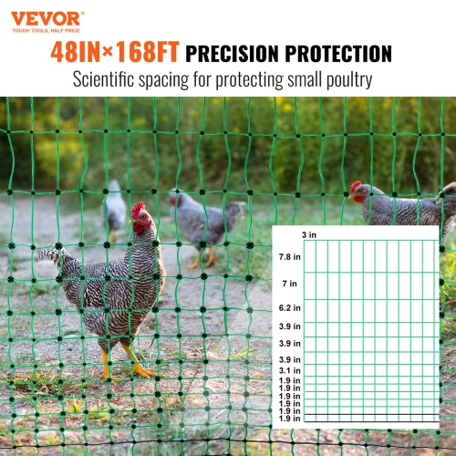 VEVOR 48" H x 168' L, Electric Fence Netting, PE Net Fencing Kit with Posts & Double-Spiked Stakes, Utility Portable Mesh for Chickens, Used in