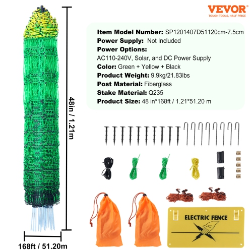 VEVOR 48" H x 168' L, Electric Fence Netting, PE Net Fencing Kit with Posts & Double-Spiked Stakes, Utility Portable Mesh for Chickens, Used in