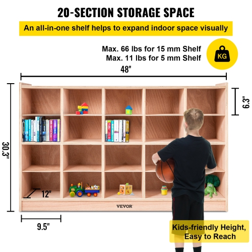VEVOR 4 x 5, Cubby Mobile Tray Storage Cabinet, 20-Compartment Cubby Storage Shelf, Cubby Storage Cabinet Classroom Cubbies, Classroom Furniture for