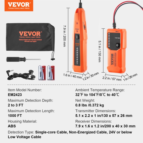 VEVOR 3 FT Underground Cable Locator. Detection Depth,Wire Tracer Break Detector Finder, 1000 FT Max.Detection Length Cable Tester for Pet Fence