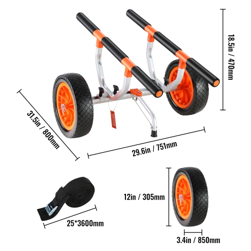 VEVOR Heavy Duty Kayak Cart, 450lbs Load Capacity, Detachable Canoe Trolley Cart with 12'' Solid Tires, Adjustable Width & Nonslip Support Foot, for