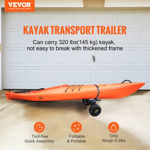 VEVOR Heavy Duty Kayak Cart, 320lbs Load Capacity, Detachable Canoe Trolley Cart with 10'' Solid Tires, Adjustable Brackets & Nonslip Support Foot,