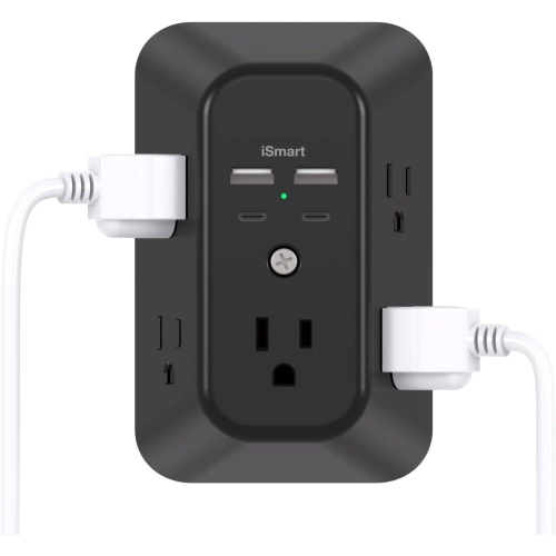 Parasurtenseur à 5 prises avec 4 ports de recharge USB, chargeur mural USB, prise multiprise, répartiteur de prises 1800&nbsp;J à 3 côtés, adaptateur