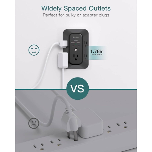 Parasurtenseur à 5 prises avec 4 ports de recharge USB, chargeur mural USB, prise multiprise, répartiteur de prises 1800&nbsp;J à 3 côtés, adaptateur