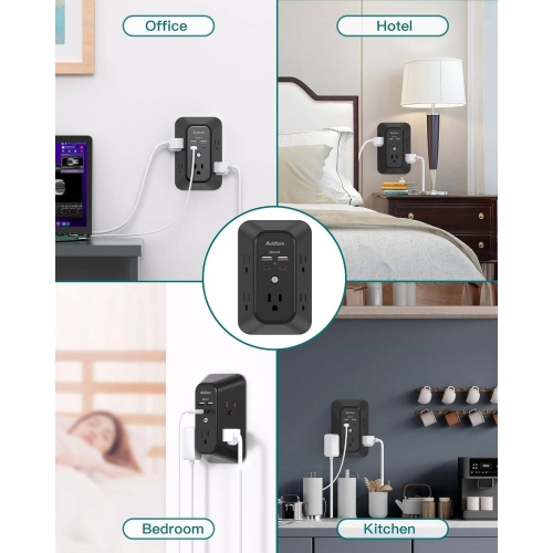 Parasurtenseur à 5 prises avec 4 ports de recharge USB, chargeur mural USB, prise multiprise, répartiteur de prises 1800&nbsp;J à 3 côtés, adaptateur