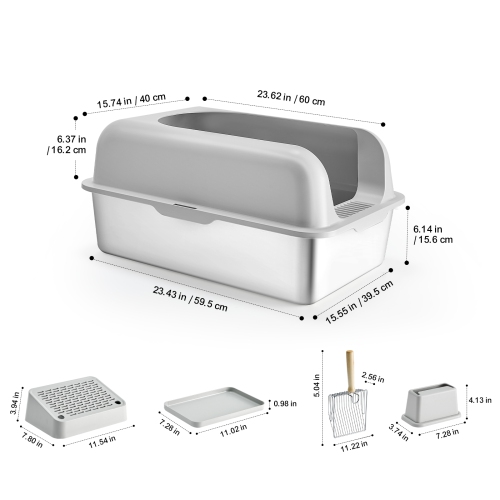 Bac à litière profond pour chats VEVOR 6&nbsp;pouces, très grand bac à litière en acier inoxydable avec pelle, grand pied filtrant et côtés hauts,