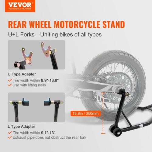 VEVOR Motorcycle Rear Wheel Stand, with U + L Fork Swingarm Spool, 850 lbs Capacity Heavy Duty Rear Wheel Stand Motorcycle Lift Jack Stand, for
