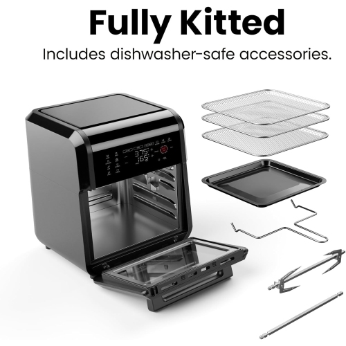 Chefman 12-Qt 6-in-1 Air Fryer Oven – Rotisserie, Dehydrator, 12 Presets, Touchscreen, Family Size, Dishwasher-Safe, Black.
