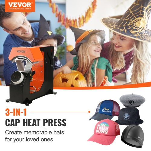 VEVOR 3-in-1 Auto Hat Heat Press, 3pcs Interchangeable Platens(6.6" x 2.7", 6.6" x 3.8", 6.1" x 3"), Automatic Release&Press Knob-Style Digital