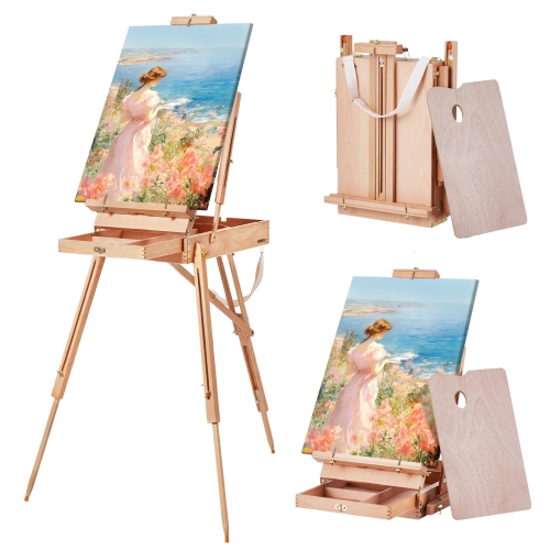 VEVOR 34" French Easel, Beechwood Foldable Sketchbox Easel with Drawer, Palette and Strap, Angle and Height Adjustable, Portable Wooden Art Painting