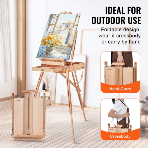 VEVOR 34" French Easel, Beechwood Foldable Sketchbox Easel with Drawer, Palette and Strap, Angle and Height Adjustable, Portable Wooden Art Painting