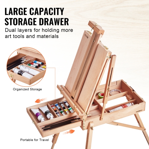 VEVOR 34" French Easel, Beechwood Foldable Sketchbox Easel with Drawer, Palette and Strap, Angle and Height Adjustable, Portable Wooden Art Painting