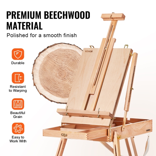 VEVOR 34" French Easel, Beechwood Foldable Sketchbox Easel with Drawer, Palette and Strap, Angle and Height Adjustable, Portable Wooden Art Painting