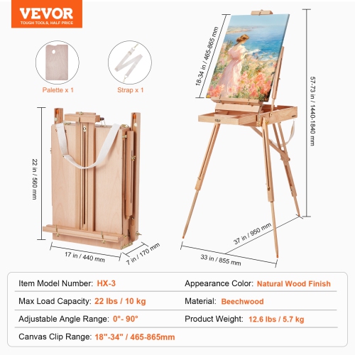 VEVOR 34" French Easel, Beechwood Foldable Sketchbox Easel with Drawer, Palette and Strap, Angle and Height Adjustable, Portable Wooden Art Painting