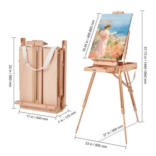 VEVOR 34" French Easel, Beechwood Foldable Sketchbox Easel with Drawer, Palette and Strap, Angle and Height Adjustable, Portable Wooden Art Painting