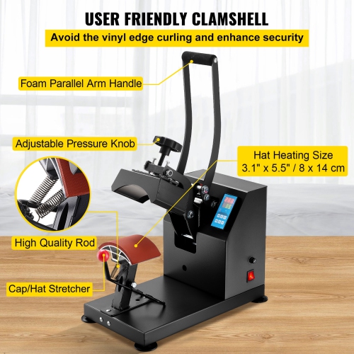 VEVOR 6x3.75Inch Heat Press Curved Element Hat Press Clamshell Design Heat Press for Hats Rigid Steel Frame No Stick Digital LCD Timer and