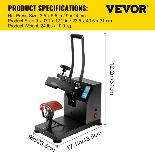 VEVOR 6x3.75Inch Heat Press Curved Element Hat Press Clamshell Design Heat Press for Hats Rigid Steel Frame No Stick Digital LCD Timer and