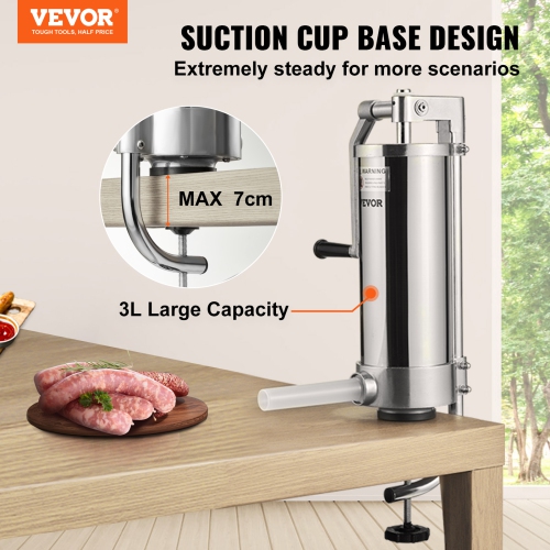 VEVOR Sausage Stuffer, 5LBS/3L Capacity, 304 Stainless Steel Vertical Sausage Stuffer, Sausage Filling Machine with 3 Stuffing Tubes, Suction Base