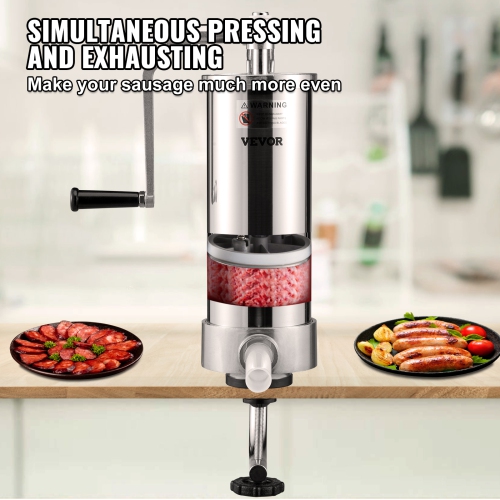 VEVOR Sausage Stuffer, 5LBS/3L Capacity, 304 Stainless Steel Vertical Sausage Stuffer, Sausage Filling Machine with 3 Stuffing Tubes, Suction Base