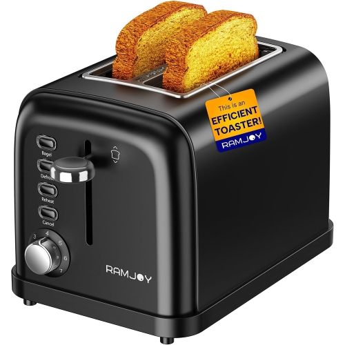 RAMJOY 2-Slice Toaster, Extra-Wide Slots, 7 Shade Settings, 4 Functions, Removable Crumb Tray, 900W, Black Stainless Steel.