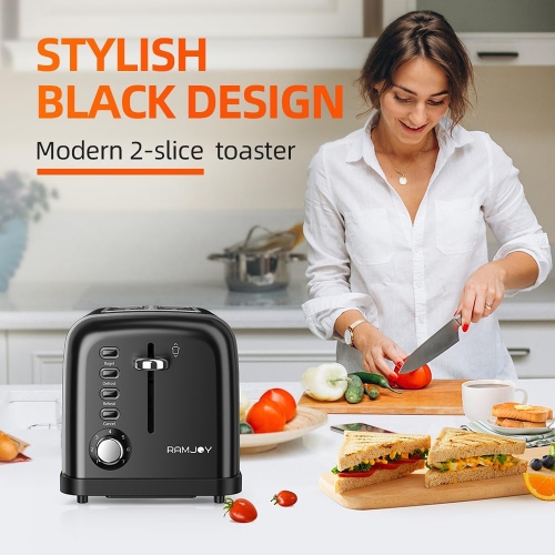 RAMJOY 2-Slice Toaster, Extra-Wide Slots, 7 Shade Settings, 4 Functions, Removable Crumb Tray, 900W, Black Stainless Steel.